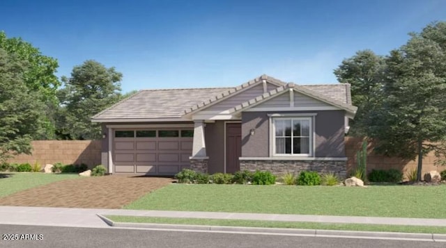 23113 E Saddle Way, Queen Creek, AZ 85142 - view of front facade with a garage, driveway, stone siding, and stucco siding