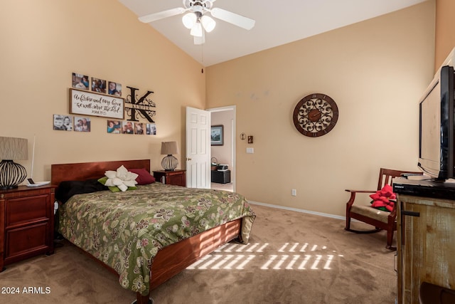 bedroom featuring ceiling fan, carpet, and high vaulted ceiling