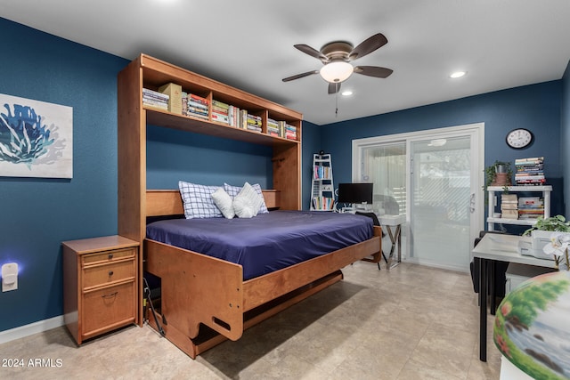 bedroom with ceiling fan and access to exterior