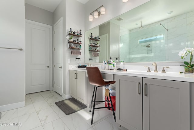 bathroom featuring vanity and a shower with door