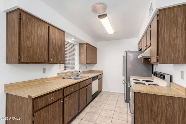 kitchen with sink, dishwasher, white range with electric cooktop, and light tile patterned flooring