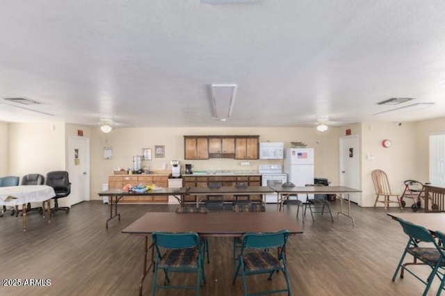 dining room featuring ceiling fan and dark hardwood / wood-style flooring