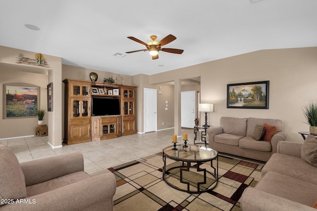 living room with light tile patterned flooring and ceiling fan