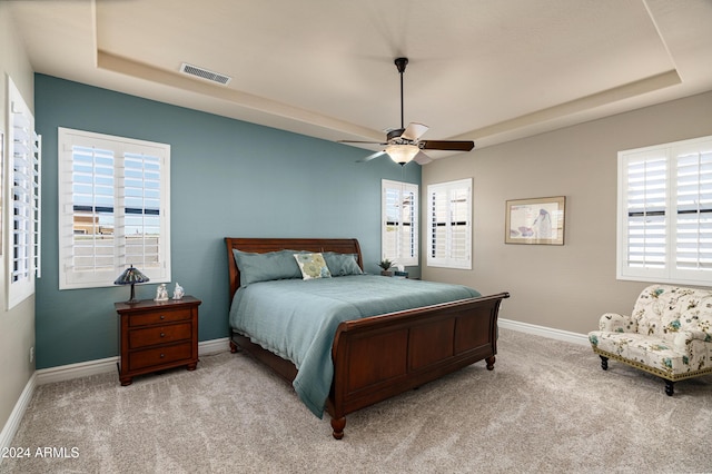 4126 S Last Chance Trl, Gold Canyon, AZ 85118 - carpeted bedroom featuring baseboards, a raised ceiling, and ceiling fan