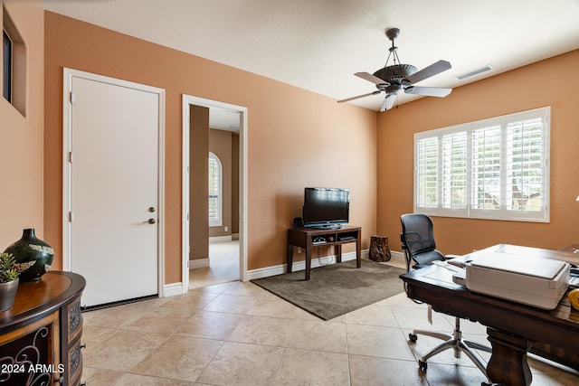 4126 S Last Chance Trl, Gold Canyon, AZ 85118 - home office featuring plenty of natural light, a ceiling fan, baseboards, and light tile patterned flooring