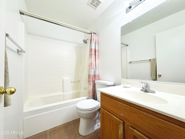 full bath featuring vanity, tile patterned floors, toilet, visible vents, and shower / bath combo with shower curtain