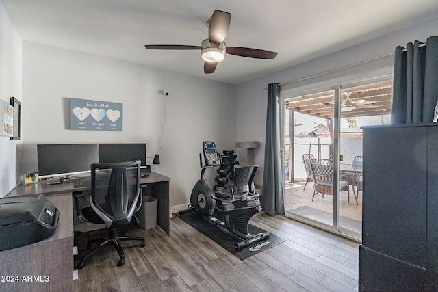 office featuring ceiling fan and wood finished floors