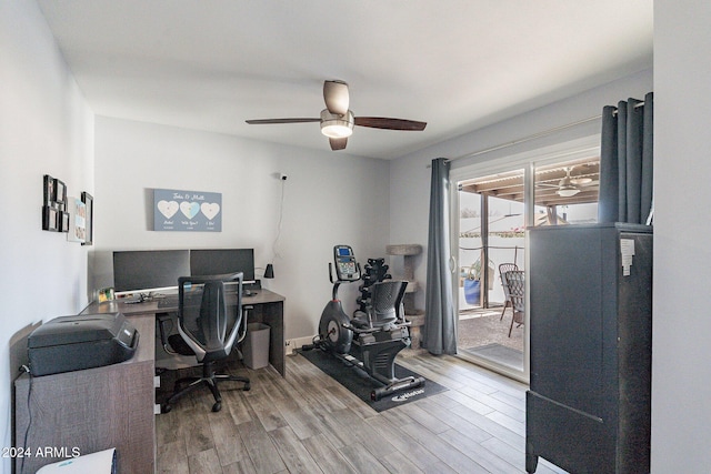 home office featuring ceiling fan and wood finished floors