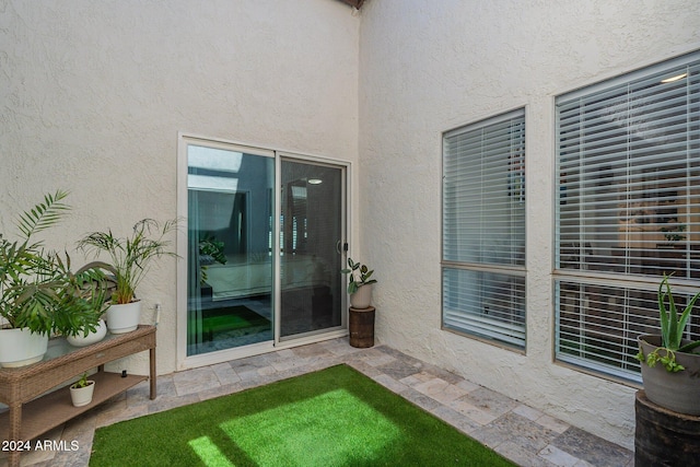 view of exterior entry featuring a patio and stucco siding