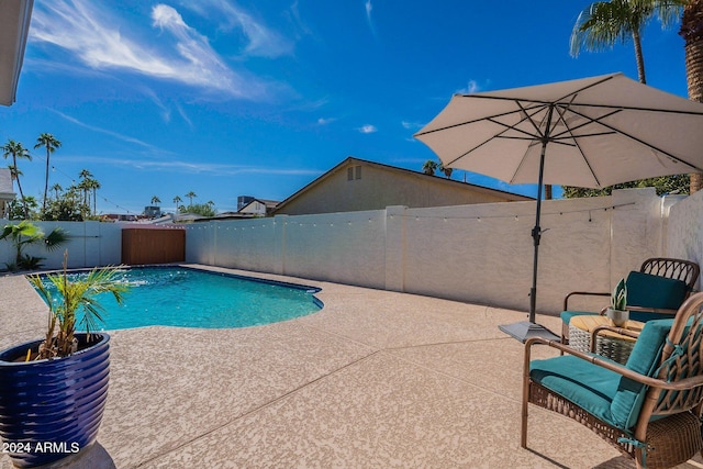 view of pool featuring a patio, a fenced backyard, and a fenced in pool