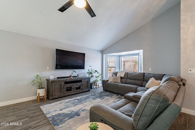 living area with high vaulted ceiling, ceiling fan, baseboards, and wood finished floors