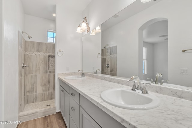 bathroom with double vanity, wood finished floors, walk in shower, and a sink