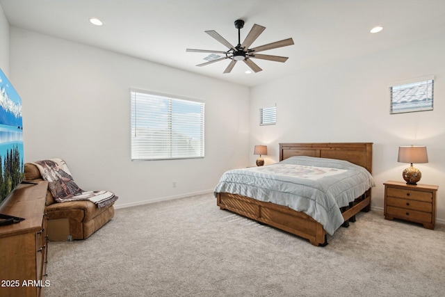 bedroom with light colored carpet and ceiling fan