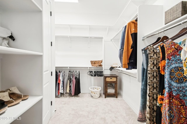 walk in closet with light carpet