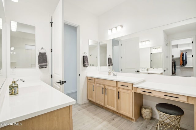 bathroom with vanity and hardwood / wood-style floors