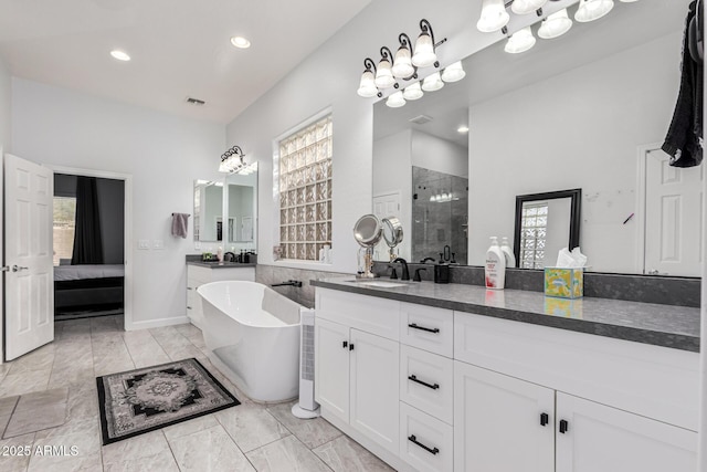 bathroom featuring vanity and separate shower and tub