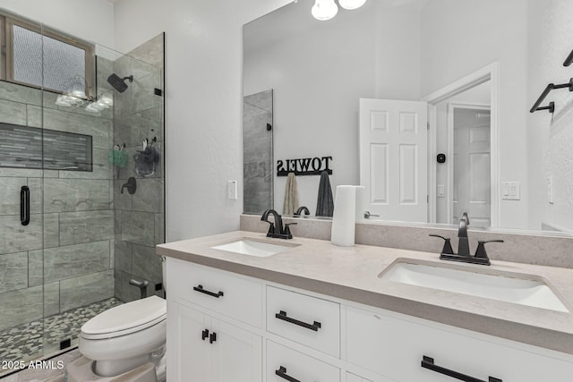 bathroom featuring vanity, toilet, and walk in shower