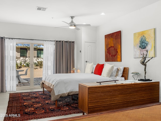 bedroom with ceiling fan, recessed lighting, visible vents, access to outside, and french doors