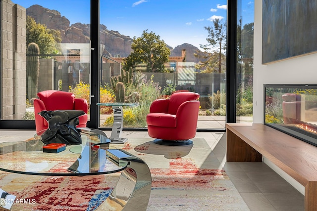 interior space with a mountain view