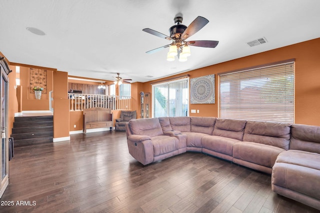 4408 W Summerside Rd, Laveen, AZ 85339 - living room with ceiling fan, hardwood / wood-style floors, and stairs