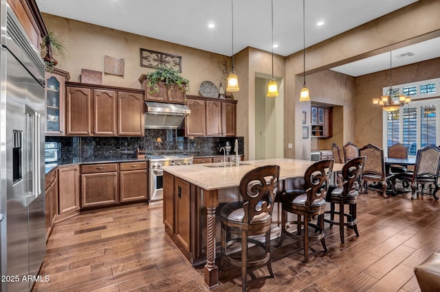 kitchen featuring decorative backsplash, dark wood finished floors, premium appliances, under cabinet range hood, and a sink