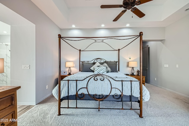 bedroom with carpet flooring, recessed lighting, and baseboards