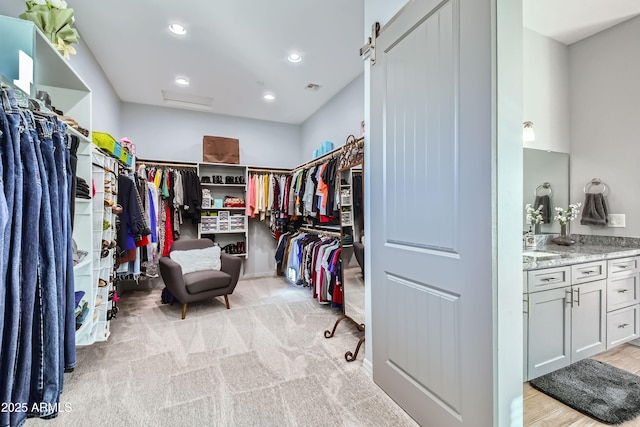 spacious closet featuring visible vents and light carpet