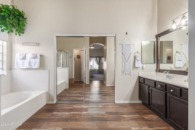 bathroom featuring wood-type flooring, vanity, plenty of natural light, and independent shower and bath