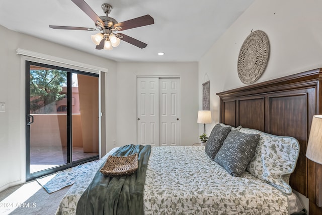 bedroom featuring a closet, ceiling fan, and access to exterior