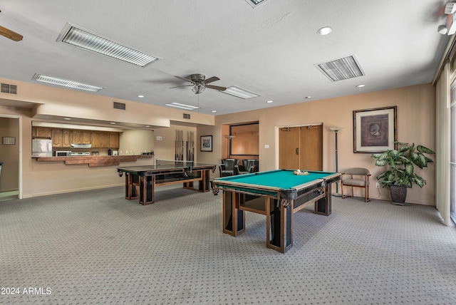 recreation room featuring ceiling fan, light colored carpet, and pool table