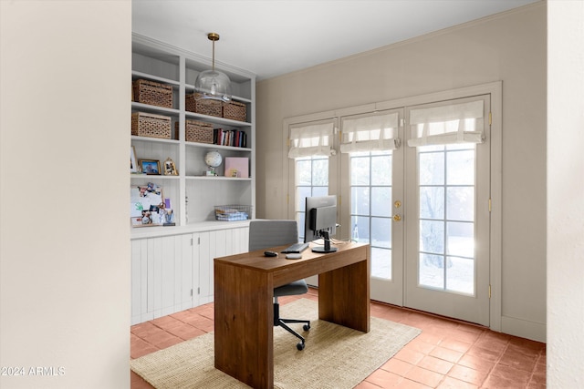 home office with french doors and light tile patterned floors