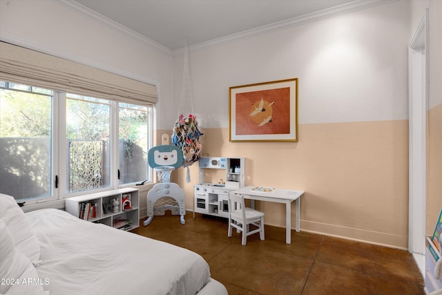 tiled bedroom with crown molding