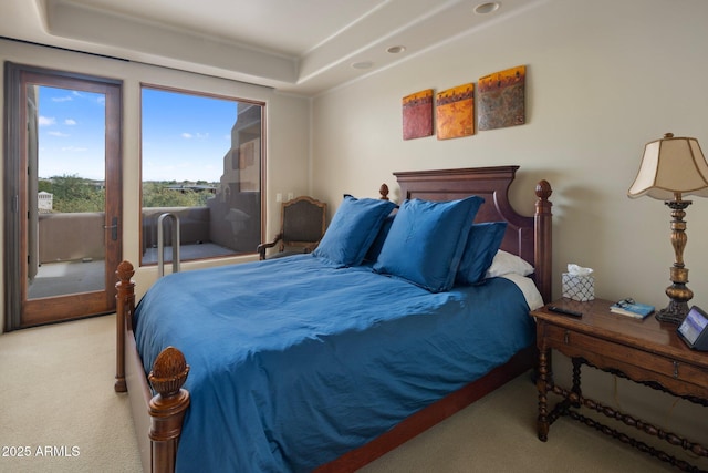 carpeted bedroom featuring a raised ceiling