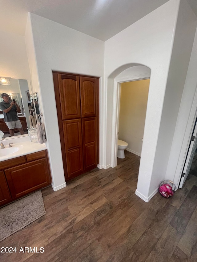 bathroom featuring vanity, toilet, and hardwood / wood-style floors