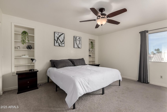 bedroom with baseboards, a ceiling fan, and carpet flooring