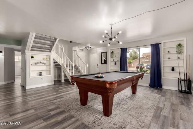game room with baseboards, dark wood finished floors, pool table, and a notable chandelier