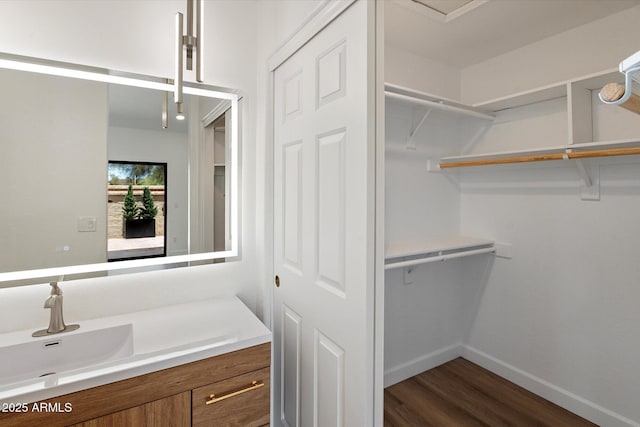 bathroom with wood finished floors, baseboards, vanity, and a spacious closet