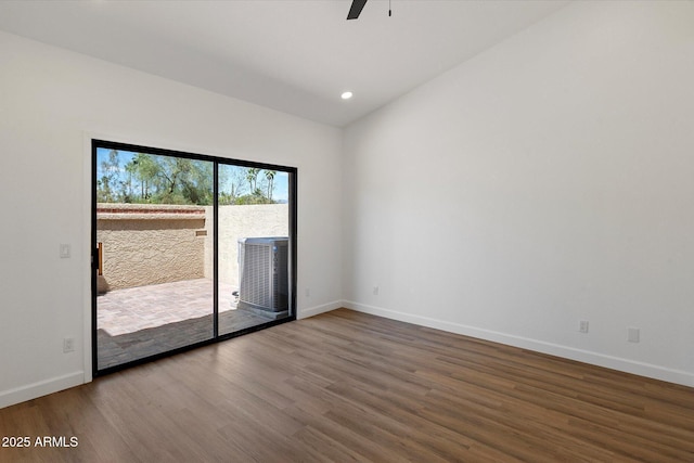 unfurnished room with wood finished floors, baseboards, a ceiling fan, and recessed lighting