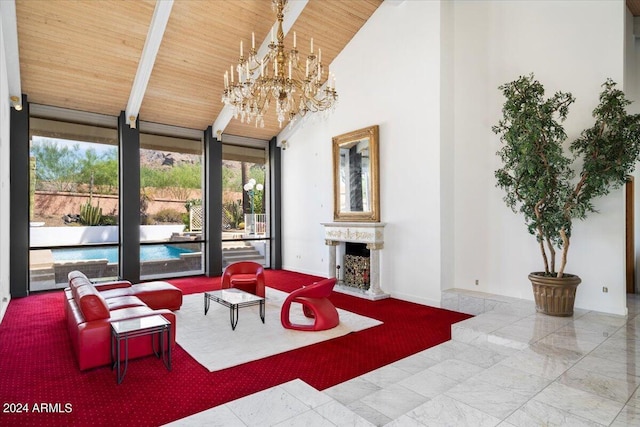 tiled living room featuring wooden ceiling, high vaulted ceiling, a notable chandelier, and a wealth of natural light