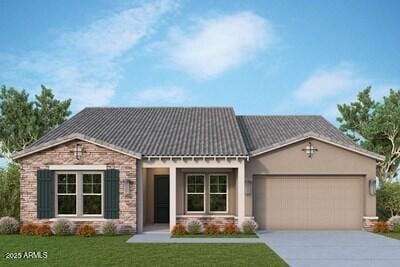 view of front facade featuring concrete driveway, a front yard, stone siding, and a garage