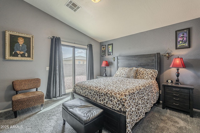 carpeted bedroom with lofted ceiling and access to exterior