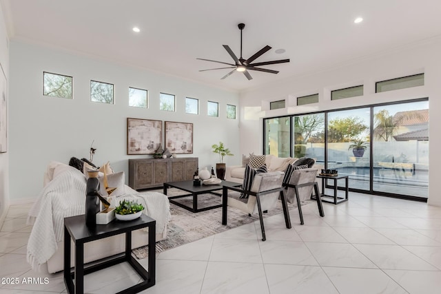 living area featuring crown molding, recessed lighting, a ceiling fan, and light tile patterned floors