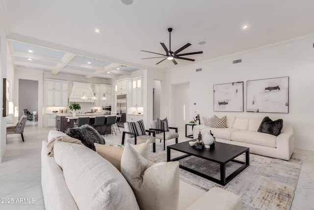 living room featuring coffered ceiling, beam ceiling, recessed lighting, ceiling fan, and crown molding