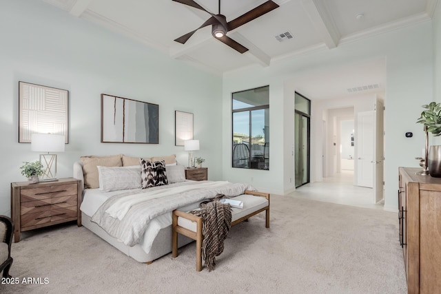 bedroom with beamed ceiling, ornamental molding, coffered ceiling, ceiling fan, and light carpet