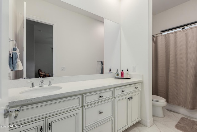 full bathroom featuring tile patterned flooring, vanity, shower / tub combo, and toilet