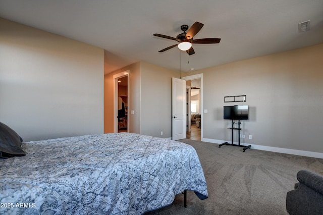 bedroom featuring visible vents, a ceiling fan, baseboards, and carpet floors