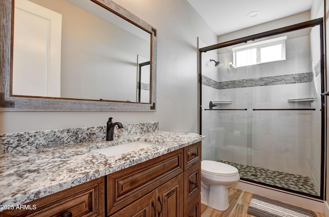 bathroom with a stall shower, toilet, and vanity