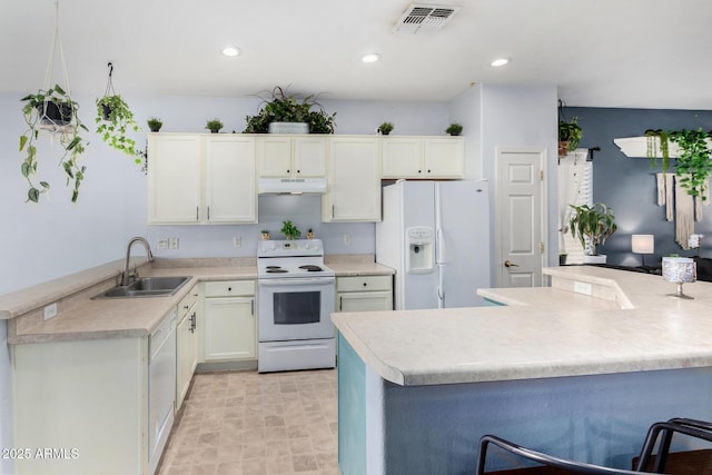 kitchen with a kitchen bar, sink, kitchen peninsula, white appliances, and white cabinets