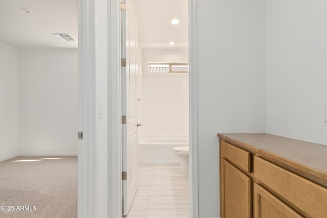 full bathroom with a bath, recessed lighting, and visible vents