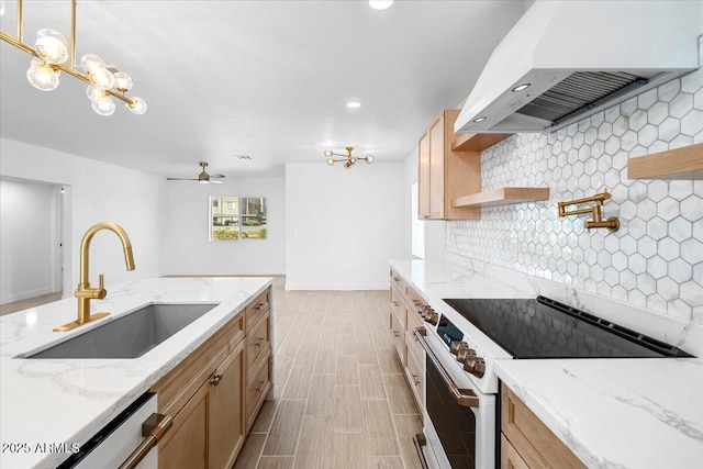 4400 N 20th St, Phoenix, AZ 85016 - kitchen with custom range hood, electric range oven, decorative backsplash, light wood finished floors, and dishwashing machine